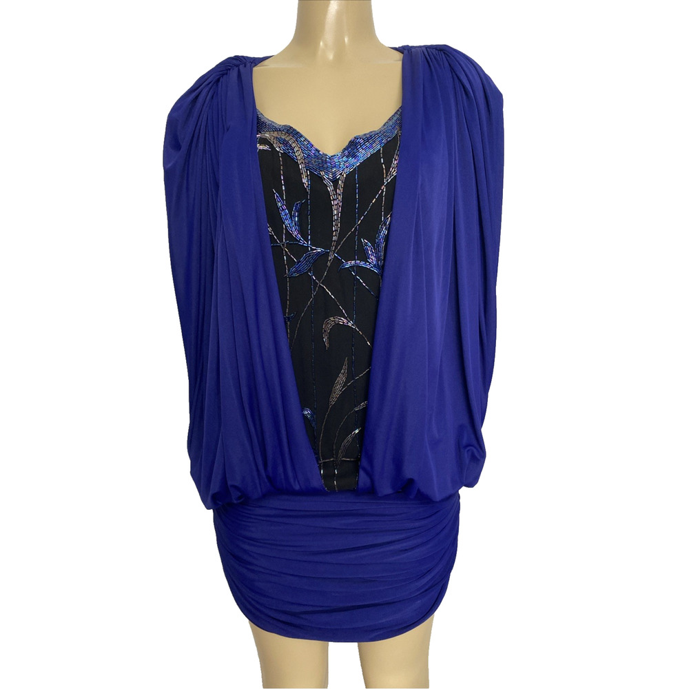 Vintage 1980s Casadei Art Deco Beaded Royal Blue Cocoon Dress Short Mini 6 S